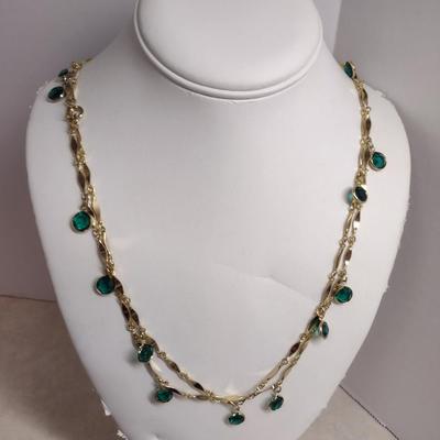 Gold Tone Necklace with Green Glass Accents- Approx 50" Long (#29)