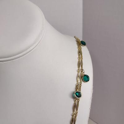 Gold Tone Necklace with Green Glass Accents- Approx 50" Long (#29)