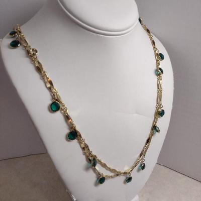Gold Tone Necklace with Green Glass Accents- Approx 50" Long (#29)