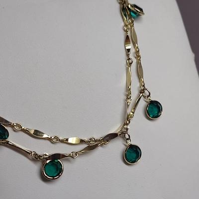 Gold Tone Necklace with Green Glass Accents- Approx 50" Long (#29)