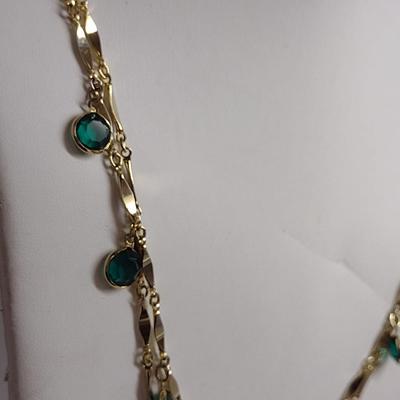 Gold Tone Necklace with Green Glass Accents- Approx 50" Long (#29)
