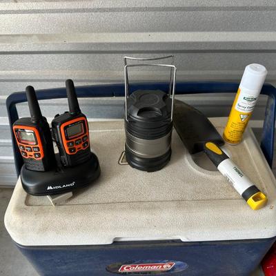 PAIR OF MIDLAND RADIOS (WALKIE TALKIES), COLEMAN COOLER, BATTERY OPERATED LANTERN & MORE