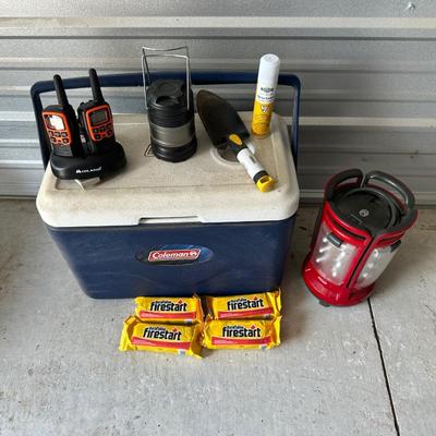 PAIR OF MIDLAND RADIOS (WALKIE TALKIES), COLEMAN COOLER, BATTERY OPERATED LANTERN & MORE