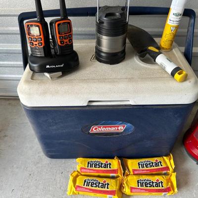 PAIR OF MIDLAND RADIOS (WALKIE TALKIES), COLEMAN COOLER, BATTERY OPERATED LANTERN & MORE