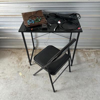SMALL DESK AND FOLDING CHAIR, C-CHARGERS, USB NECK LIGHTS, CD FOLDER AND MORE