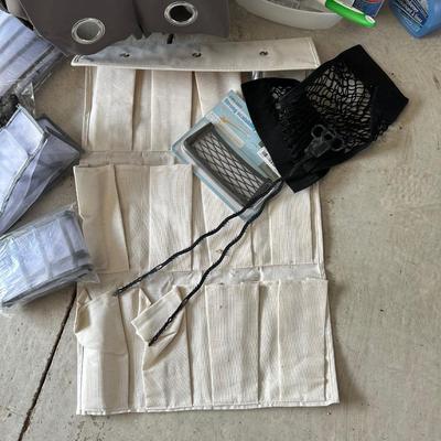 SOFT SIDED ORGANIZERS, 2 LONG CURTAIN PANELS, CLEANING PRODUCTS AND MORE