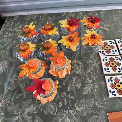 20 HANDMADE TERRACOTTA TILES AND FALL DECORATED JARS