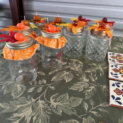 20 HANDMADE TERRACOTTA TILES AND FALL DECORATED JARS
