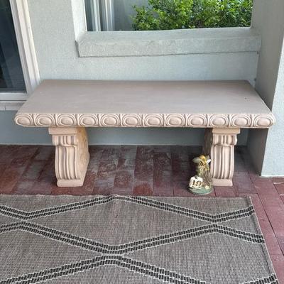 Cement Seat, outdoor rug and pair of pots
