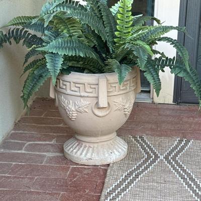 Cement Seat, outdoor rug and pair of pots