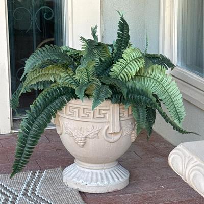 Cement Seat, outdoor rug and pair of pots