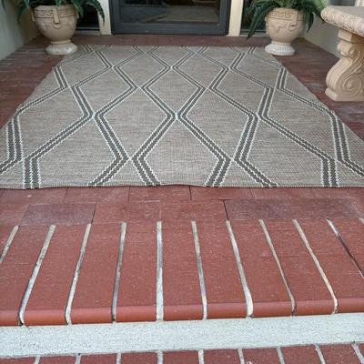 Cement Seat, outdoor rug and pair of pots