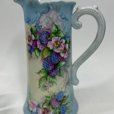 Sale Photo Thumbnail #6: Pale blue and white ceramic pitcher and cups.  Hand painted in 1968 by local artist Dorothy Tillotson of Tustin in 1968.  All in very good condition, no chips or cracks.