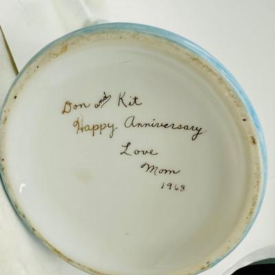 Sale Photo Thumbnail #9: Pale blue and white ceramic pitcher and cups.  Hand painted in 1968 by local artist Dorothy Tillotson of Tustin in 1968.  All in very good condition, no chips or cracks.