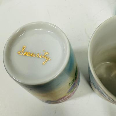 Sale Photo Thumbnail #4: Pale blue and white ceramic pitcher and cups.  Hand painted in 1968 by local artist Dorothy Tillotson of Tustin in 1968.  All in very good condition, no chips or cracks.