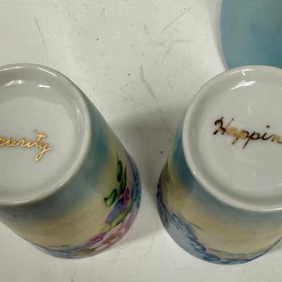 Sale Photo Thumbnail #8: Pale blue and white ceramic pitcher and cups.  Hand painted in 1968 by local artist Dorothy Tillotson of Tustin in 1968.  All in very good condition, no chips or cracks.