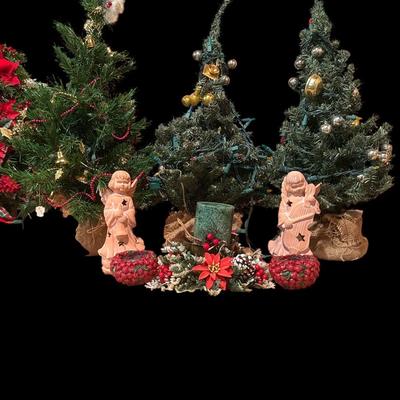 3 small Christmas trees and holiday decor