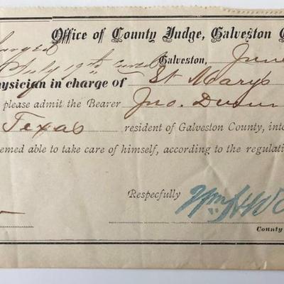 1877 Galveston County Signed Hospital Permit