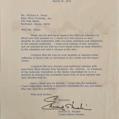 US Senator Edmund S. Muskie signed letter from 1975