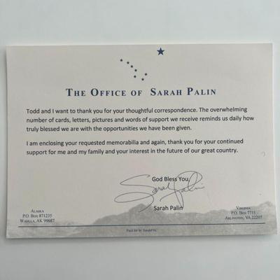 Governor of Alaska Sarah Palin facsimile card