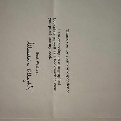 Madeleine Albright facsimile signed note. 5x8 inches