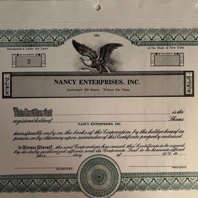 Nancy Enterprises stock certificate