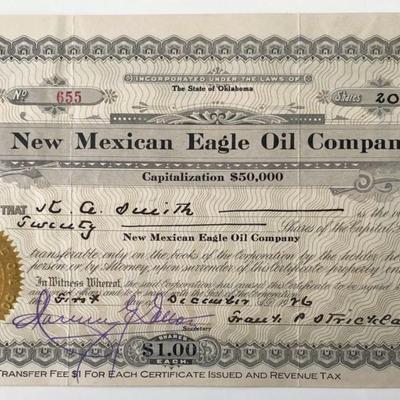 1926 New Mexican Eagle Oil Company Signed Stock Share Certificate
