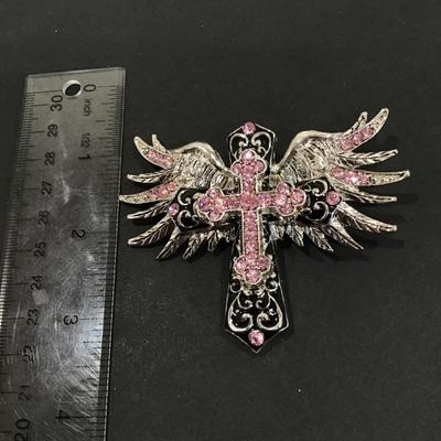 Metal Gallery, silver tone, cross with wings, rhinestone pendant