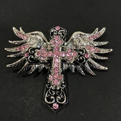 Metal Gallery, silver tone, cross with wings, rhinestone pendant