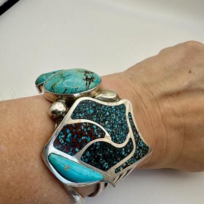 Adam Fierro Signed Sterling Cuff Jewelry with Turquoise