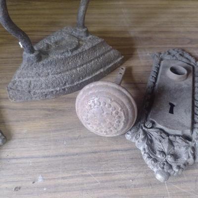Vintage Cast Sad Iron and Doorknob Plates