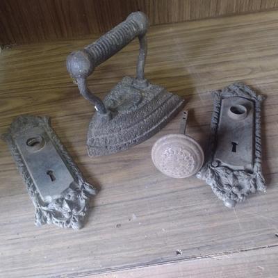 Vintage Cast Sad Iron and Doorknob Plates