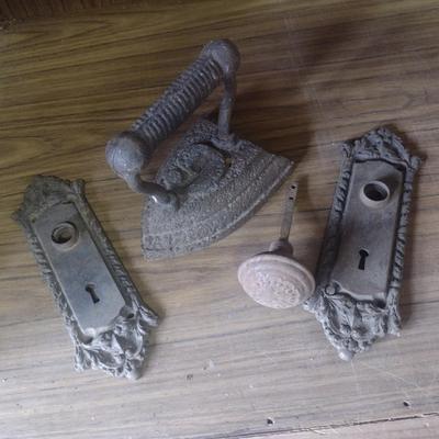Vintage Cast Sad Iron and Doorknob Plates