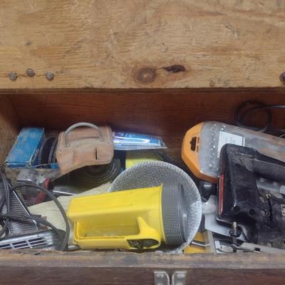 Vintage Hand Crafted Large Storage Box with Contents of Various Tools