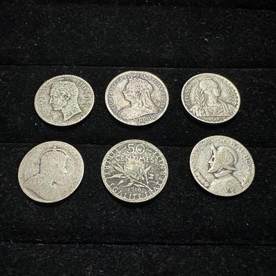 1874 VENEZUELAN LEI 835, 1899 GREAT BRITAIN SIX PENCE, 1941 FRENCH INDOCHINE 10 CENTS, 1918 FRENCH 50 CENTIMES, 1931 PANAMA BALBOA DECIMO...