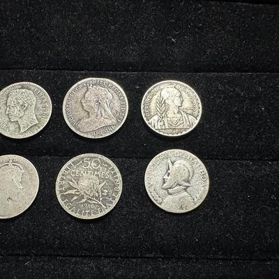 1874 VENEZUELAN LEI 835, 1899 GREAT BRITAIN SIX PENCE, 1941 FRENCH INDOCHINE 10 CENTS, 1918 FRENCH 50 CENTIMES, 1931 PANAMA BALBOA DECIMO...