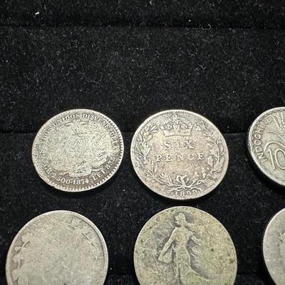1874 VENEZUELAN LEI 835, 1899 GREAT BRITAIN SIX PENCE, 1941 FRENCH INDOCHINE 10 CENTS, 1918 FRENCH 50 CENTIMES, 1931 PANAMA BALBOA DECIMO...