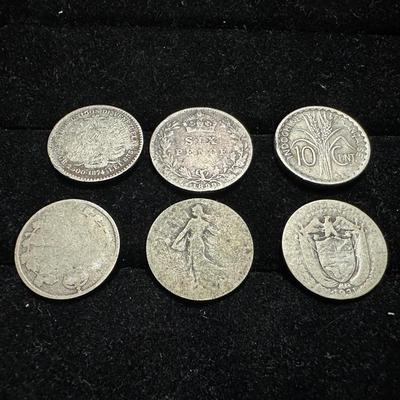1874 VENEZUELAN LEI 835, 1899 GREAT BRITAIN SIX PENCE, 1941 FRENCH INDOCHINE 10 CENTS, 1918 FRENCH 50 CENTIMES, 1931 PANAMA BALBOA DECIMO...