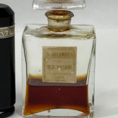 Sale Photo Thumbnail #143: Amber glass with gold top is AVON TIMELESS COLOGNE
Black glass bottle is CARON'S NUIT DE NOEL PERFUME
Clear glass is CHANNEL NO. 5PERFUME

They have about 1/2 of the perfume left inside.
