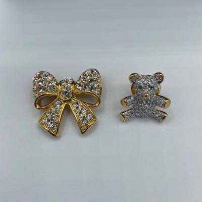 Swarovski Crystal Bow and Teddy Bear Pins