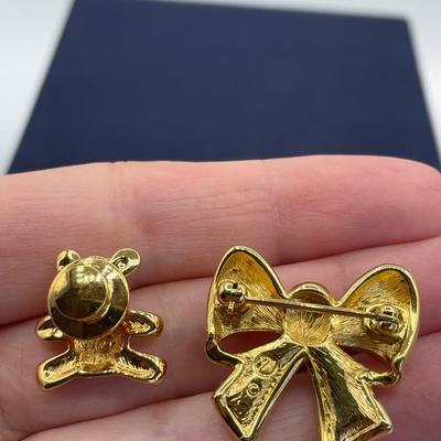 Swarovski Crystal Bow and Teddy Bear Pins