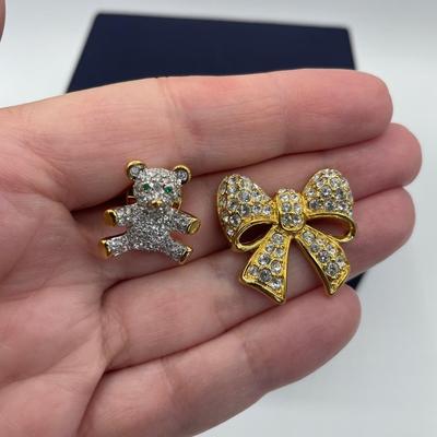 Swarovski Crystal Bow and Teddy Bear Pins
