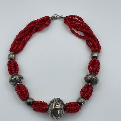 Red Glass and Sterling Silver beaded Necklace