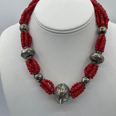 Red Glass and Sterling Silver beaded Necklace