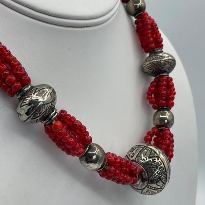 Red Glass and Sterling Silver beaded Necklace