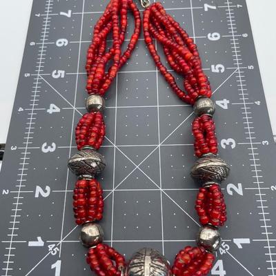 Red Glass and Sterling Silver beaded Necklace