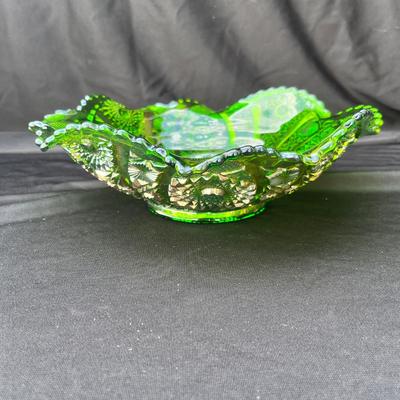 Sale Photo Thumbnail #222: 1950s era green carnival glass bowl.  Great shape!
