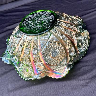 Sale Photo Thumbnail #227: 1950s era green carnival glass bowl.  Great shape!