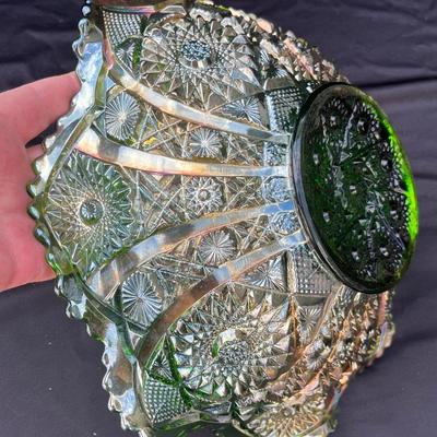 Sale Photo Thumbnail #226: 1950s era green carnival glass bowl.  Great shape!