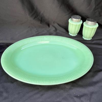 Sale Photo Thumbnail #368: Pioneer woman shakers & Fire King Jane Rae Platter.